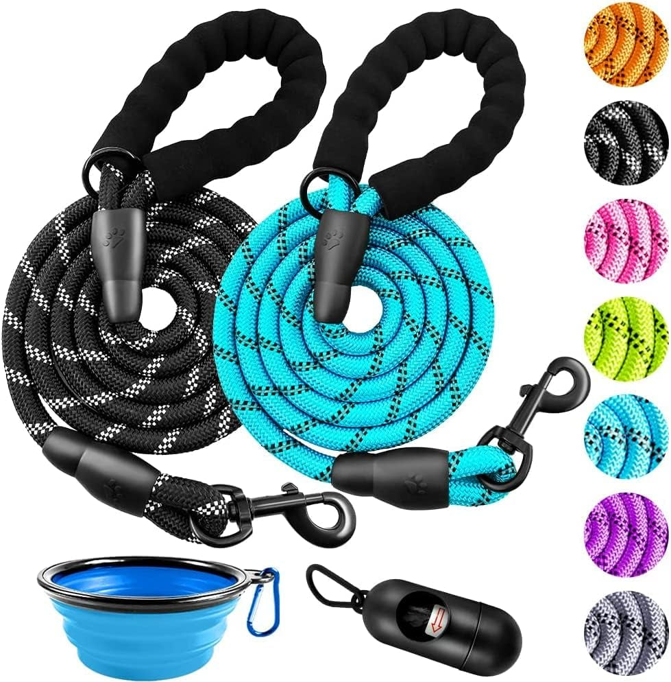 2 Pack 2/5/6 FT Dog Leash with Comfortable Padded Handle Reflective Dog Leashes for Medium Large Dogs with Collapsible Pet Bowl and Garbage Bags… (Black+Blue, 1/2'' X 5 FT)…