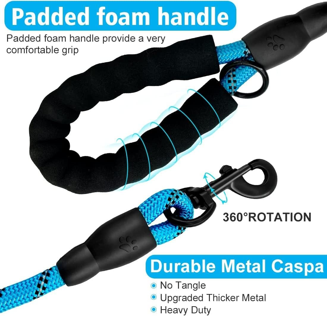 2 Pack 2/5/6 FT Dog Leash with Comfortable Padded Handle Reflective Dog Leashes for Medium Large Dogs with Collapsible Pet Bowl and Garbage Bags… (Black+Blue, 1/2'' X 5 FT)…